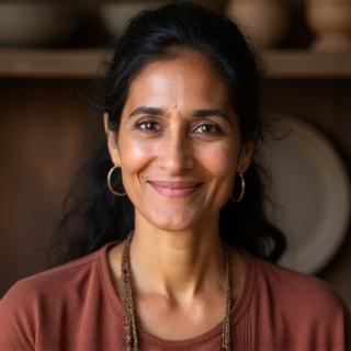 Headshot portrait of Ms. Anjali Sharma, a warm and knowledgeable pottery master smiling kindly, conveying approachability