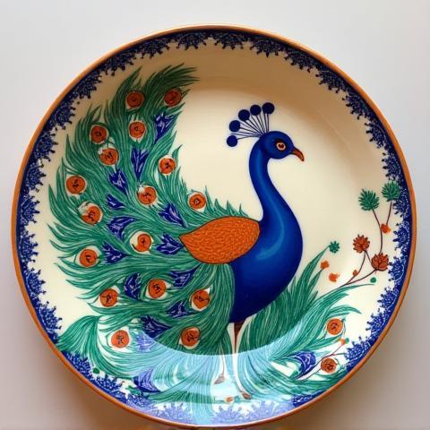 Decorative ceramic plate featuring a beautifully hand-painted design of a peacock, showcasing vibrant colors and artistic skill
