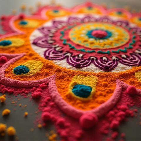 Detail of a traditional Indian 'rangoli' pattern recreated using vibrant colored powders and simple tools, showcasing a cultural art form